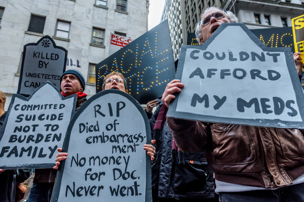 About 500 protesters chanting Kill the Bill, Dont Kill Us! filled the street outside the New York Stock Exchange, where the resources siphoned from the poor and middleclass by the Republican tax bill will be concentrated, on December 19, 2017.