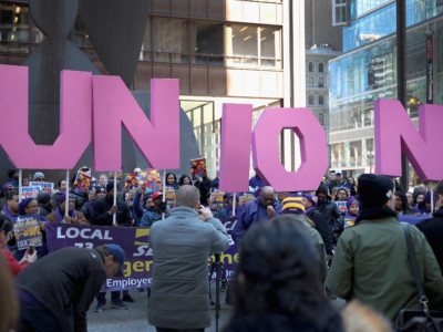 Members of the Service Employees International Union hold a rally in support of the American Federation of State County and Municipal Employees union at the Richard J. Daley Center plaza on February 26, 2018 in Chicago, Illinois.
