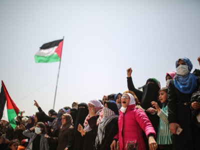 Palestinians gather as part of the "Great March of Return" demonstration after Friday Prayer in Khan Yunis, Gaza on April 13, 2018.