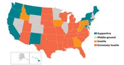 This map shows which states were supportive or hostile to abortion rights in 2017.