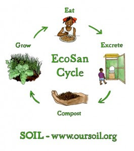 In SOIL’s simple social business design, wastes from ecological sanitation (EcoSan) toilets are transformed into rich, agricultural-grade compost. (Illustration: Kate Williamson)