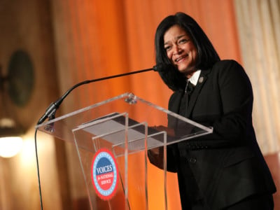 Rep. Pramila Jayapal speaks at the Voices for National Service Friends's National Service Awards on February 13, 2018. Jayapal founded the new congressional Medicare for All Caucus.