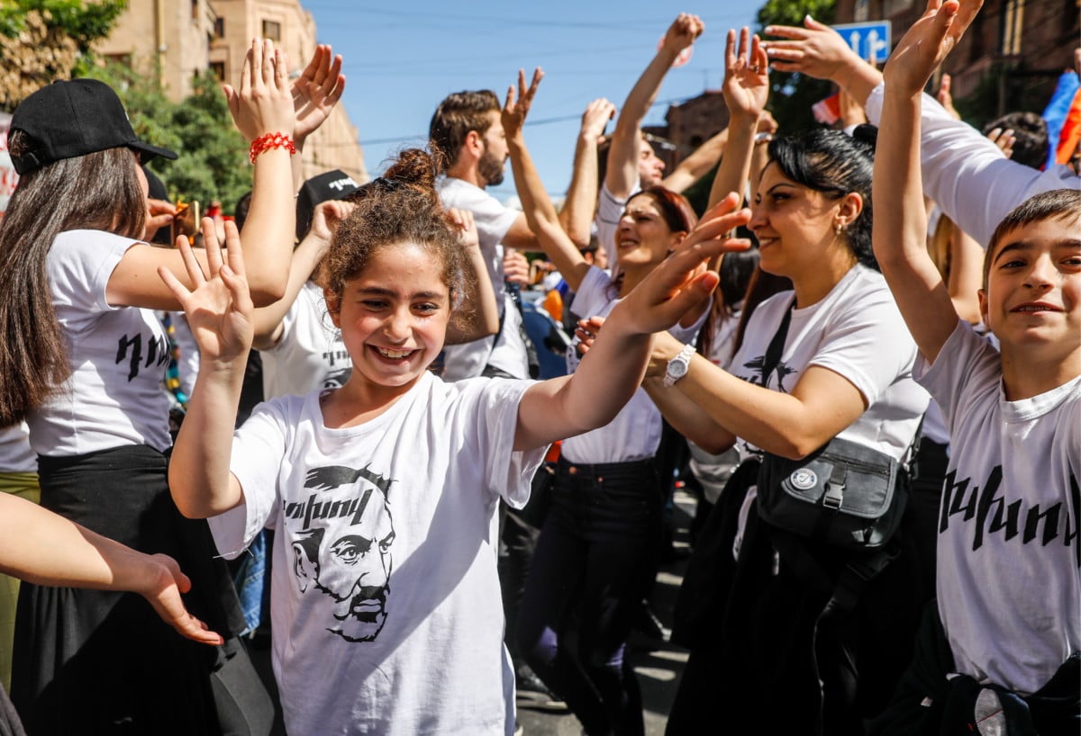 Supporters of Armenia's new Prime Minister Nikol Pashinyan celebrate his election during a rally in Republic Square. Pashinyan was elected during a special session of Armenia's National Assembly.