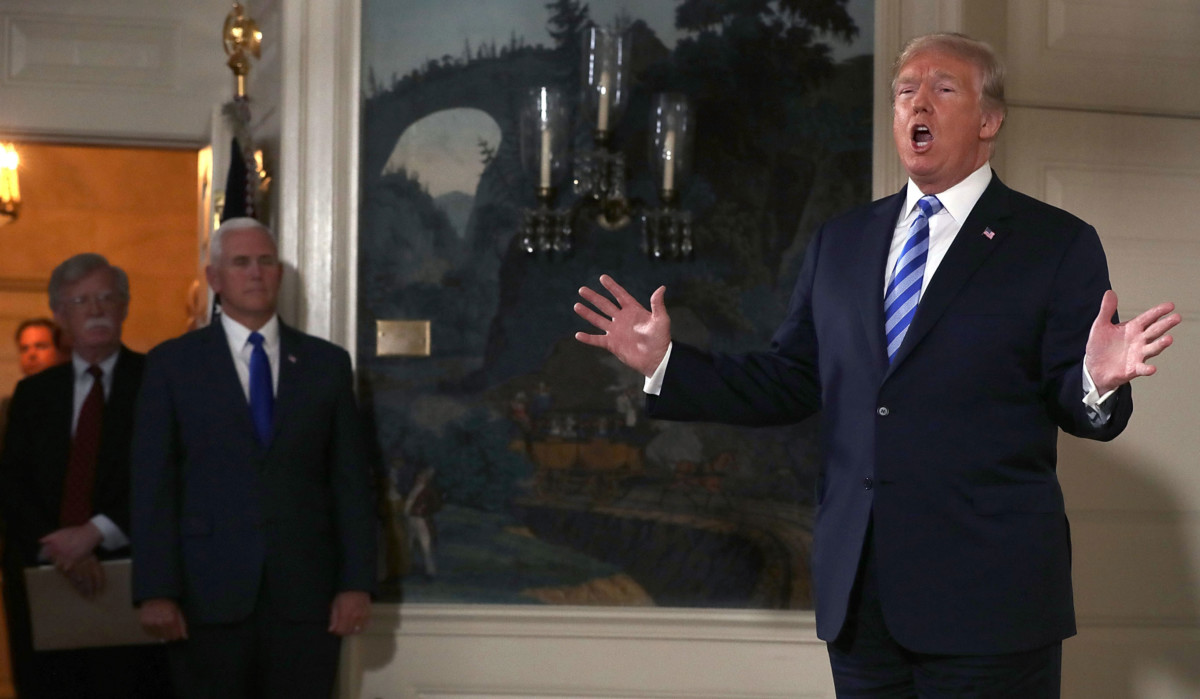 President Trump announces his decision to withdraw the United States from the 2015 Iran nuclear deal in the Diplomatic Room at the White House May 8, 2018, in Washington, DC.