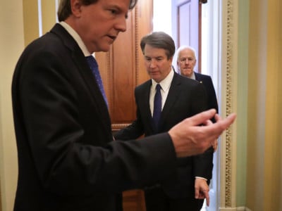 White House Counsel Don McGahn, Judge Brett Kavanaugh and Senate Majority Whip John Cornyn (R-Texas) leave his office after a meeting at the US Capitol, July 11, 2018, in Washington, DC.