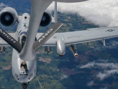 A US Air Force KC-135 Stratotanker refuels an A-10 Thunderbolt II during flight while partaking in Saber Strike 18 over Latvia on June 6, 2018.