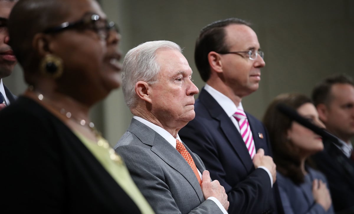 Attorney General Jeff Sessions and Deputy Attorney General Rod Rosenstein attend the Religious Liberty Summit at the Department of Justice on July 30, 2018, in Washington, DC.
