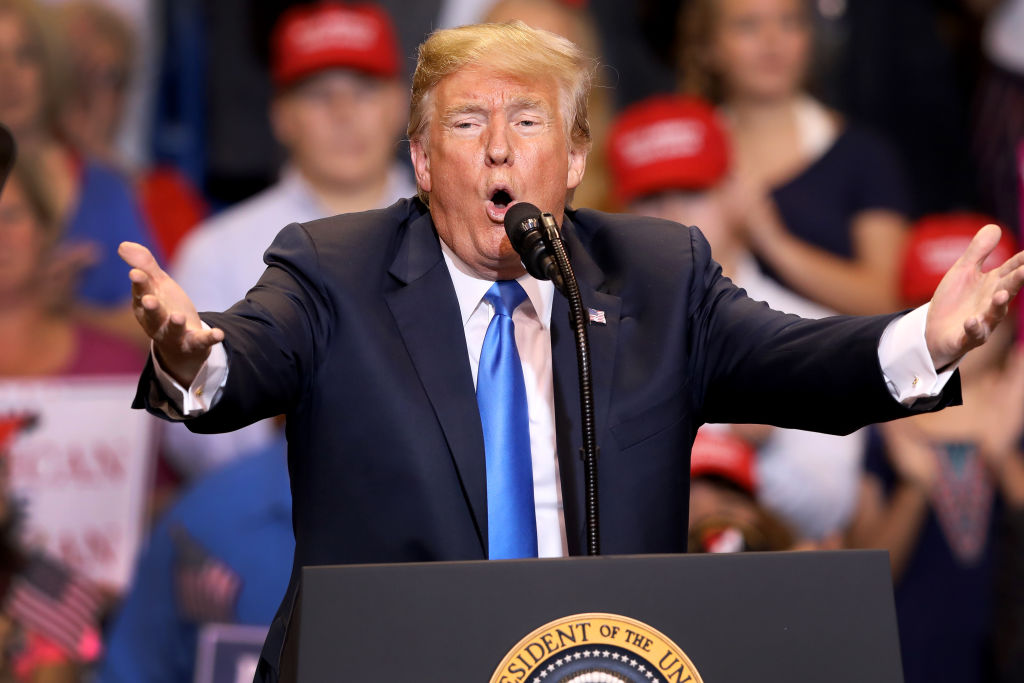 President Donald J. Trump singles out the media during his rally on August 2, 2018 at the Mohegan Sun Arena at Casey Plaza in Wilkes Barre, Pennsylvania.