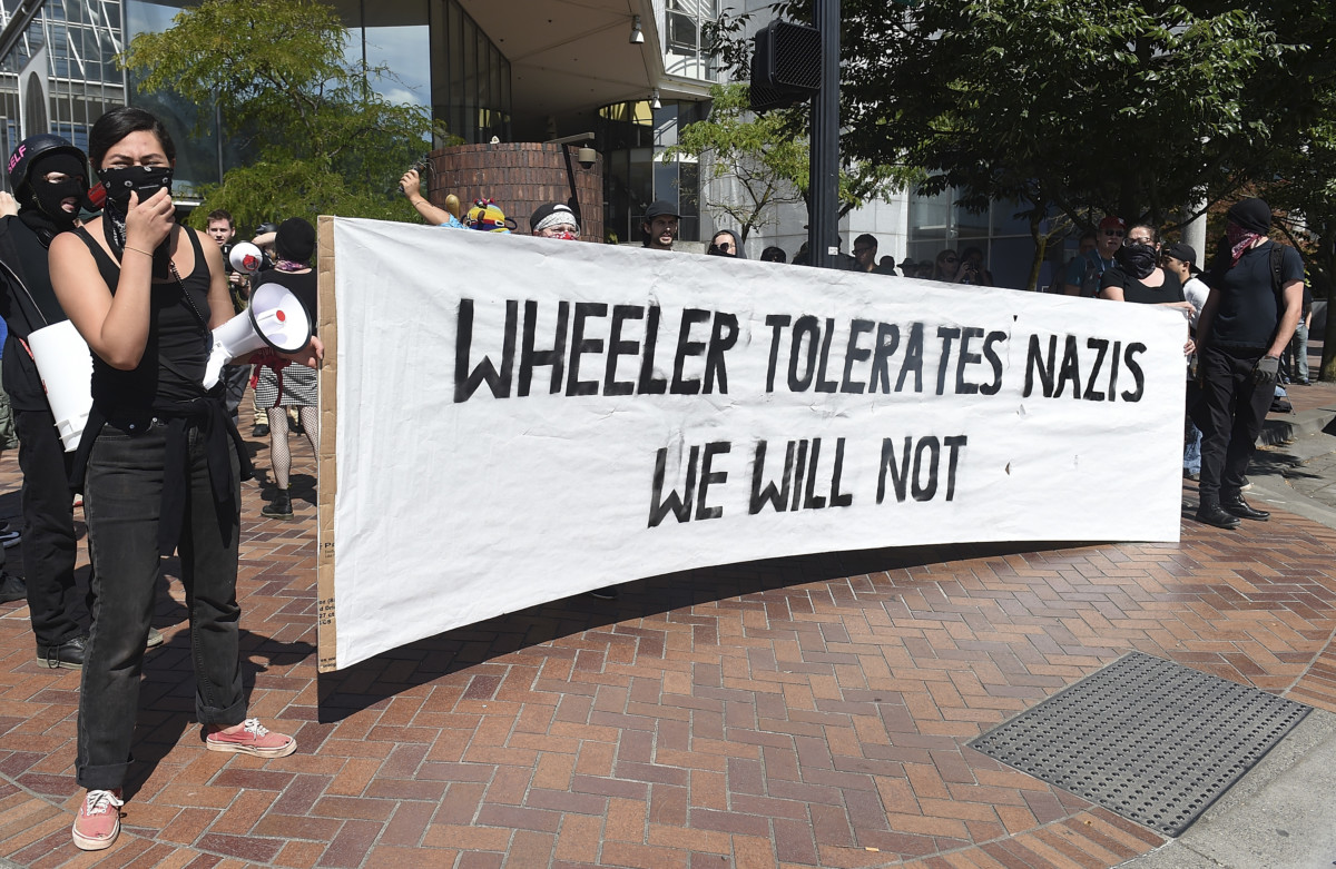 Counterprotestors demonstrate during an "alt-right" rally at Tom McCall Waterfront Park on August 4, 2018, in Portland, Oregon.