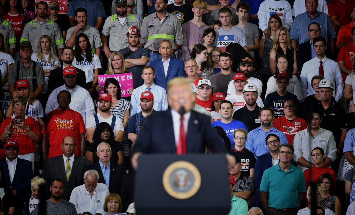 President Donald Trump speaks during a campaign rally at Ford Center in Evansville, Indiana on August 30, 2018.