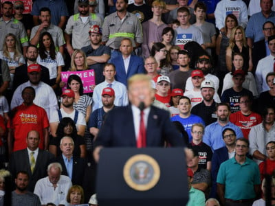 President Donald Trump speaks during a campaign rally at Ford Center in Evansville, Indiana on August 30, 2018.