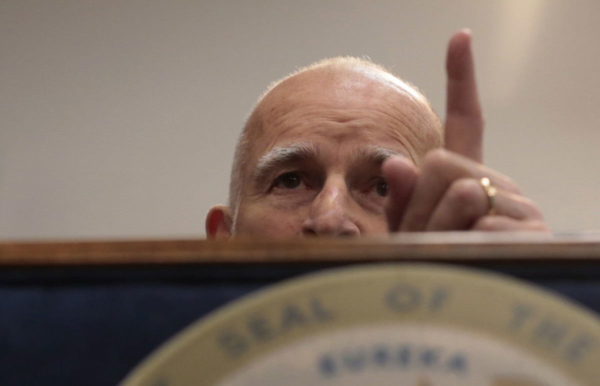 California Gov. Jerry Brown conducts a press conference declaring the state's prison emergency over at his Los Angeles office in January, 2013.
