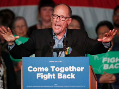 DNC Chairman Tom Perez, speaks to a crowd of supporters at a Democratic unity rally at the Rail Event Center on April 21, 2017, in Salt Lake City, Utah.