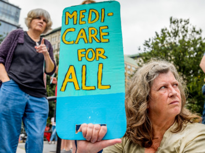 Hundreds of New Yorkers joined a grassroots alliance of health care advocates in a rally on the steps of Union Square to demand a universal, single-payer, improved and expanded Medicare health care system, and an end to for-profit health care on July 24, 2017.