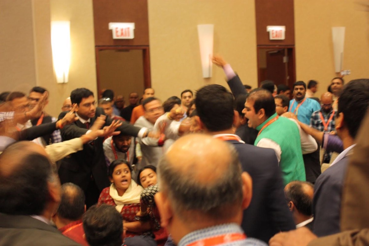 Members of Chicago South Asians for Justice were attacked while protesting at the World Hindu Congress in Chicago on September 7, 2018.