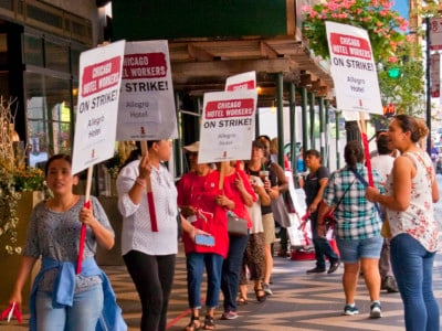 Unite Here Local 1 hotel workers on strike demonstrate in downtown Chicago, Illinois, September 17, 2018.