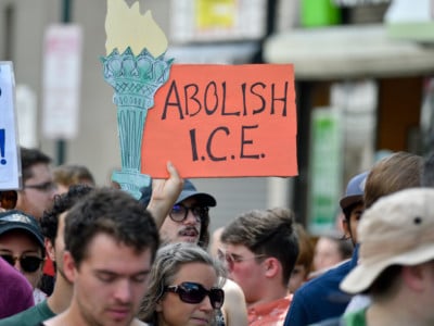 Protesters participate in a march through Center City to abolish Immigration and Customs Enforcement and demand an end to deportations and family detentions during a rally in Philadelphia, Pennsylvania, on August 4, 2018.
