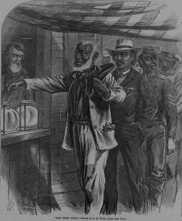 This 1867 drawing by Alfred Waud, "The First Vote," depicts Black men waiting in line to cast ballots. In Southern states, Black men first gained the right to vote in state constitutions drafted during the post-Civil War Reconstruction era.