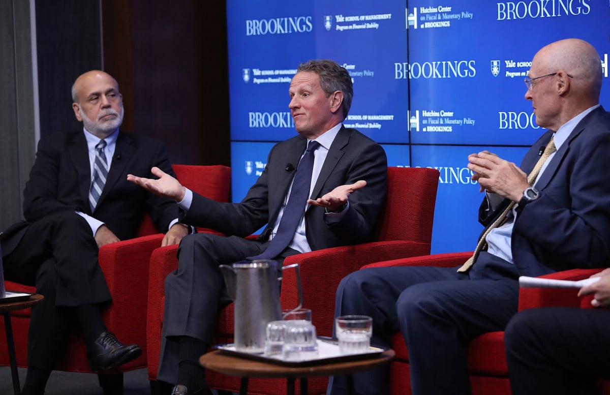(From left to right) Former Federal Reserve Board Chairman Ben Bernanke, former Treasury Secretary Timothy Geithner and former Treasury Secretary Hank Paulson answer questions at the Brookings Institution September 12, 2018, in Washington, DC. The three participated in a conference on "Responding to the Global Financial Crisis: What We Did and Why We Did It."
