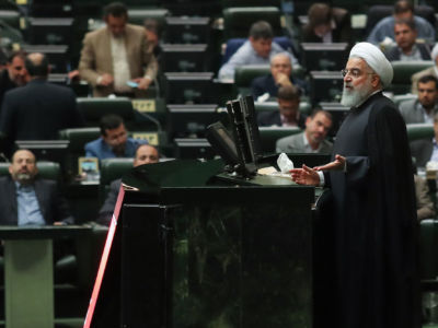 Iranian President Hassan Rouhani delivers a speech at the Iranian Parliament, in Tehran on October 27, 2018.
