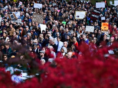 An estimated 4,000 people held a solidarity march and protest against Donald Trump's presence in the Squirrel Hill neighborhood on October 30, 2018, in Pittsburgh, Pennsylvania.