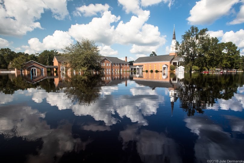 Trinity United Methodist Church, in Conway, South Carolina, in floodwaters. President Trump visited the church before Conway’s Sherwood neighborhood flooded.