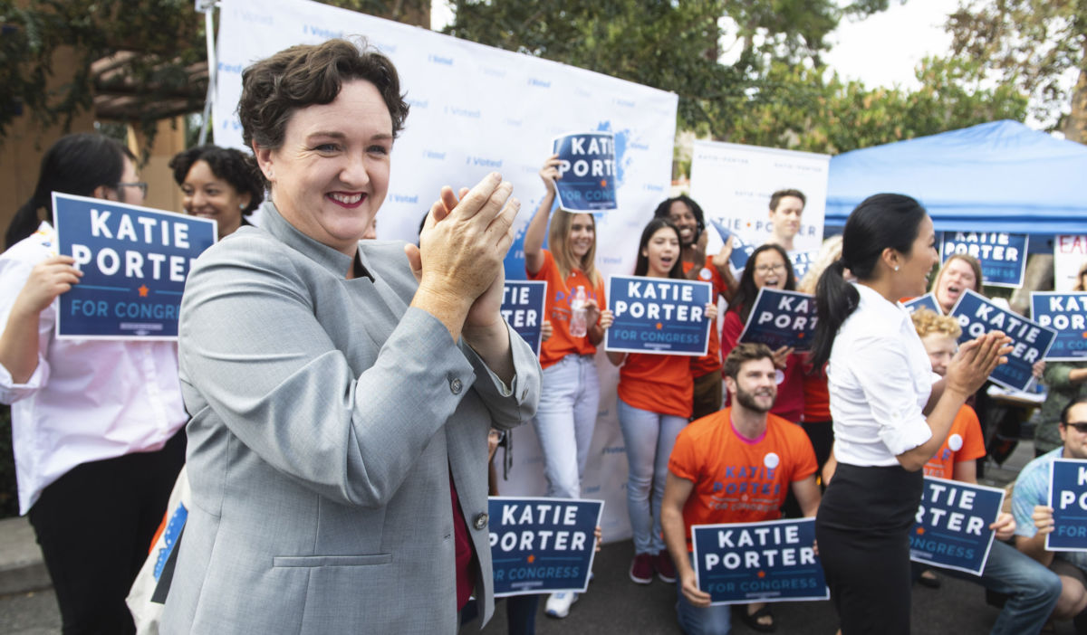 Katie Porter, who is running for the state congressional seat in the 45th district, speaks to supporters at the University of California, Irvine, on October 30, 2018.