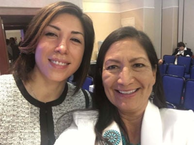 Paulette Jordan (left), the Democratic candidate for governor of Idaho, with Deb Haaland, the Democratic nominee for the US House of Representatives for New Mexico.