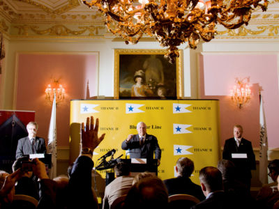 Australian billionaire and Blue Star Line chairman, Professor Sir Clive Palmer, officially announces details of his plans to build a 21st century version of the RMS Titanic, the Titanic II, during a press conference in central London on March 2, 2013.