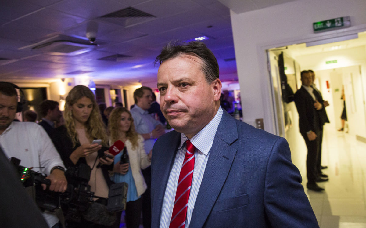 Brexit bankroller Arron Banks attends the campaign's referendum party at Millbank Tower on June 24, 2016, in London, England. New leaked emails reveal fresh links between Banks, Cambridge Analytica and Steve Bannon.