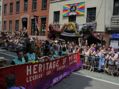 The annual Pride Parade makes its way past the The Stonewall Inn on June 24, 2018, in New York City.