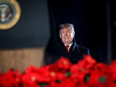 President Donald Trump attends the National Christmas Tree lighting ceremony held by the National Park Service at the Ellipse near the White House on November 28, 2018, in Washington, DC.