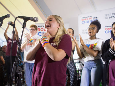 Jaclyn Corin, a survivor of the Parkland, Florida, school shooting and one of the founders of the Never Again MSD movement, speaks at a March for Our Lives rally on August 12, 2018, in Newtown, Connecticut.