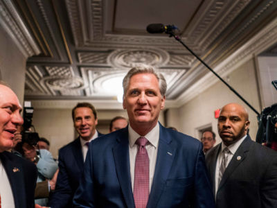 Incoming House Minority Leader Kevin McCarthy (R-California) emerges from the House Republican Conference accompanied by his leadership team to speak to journalists in the Longworth House Office Building on Capitol Hill in Washington, DC, on Wednesday November 14, 2018.