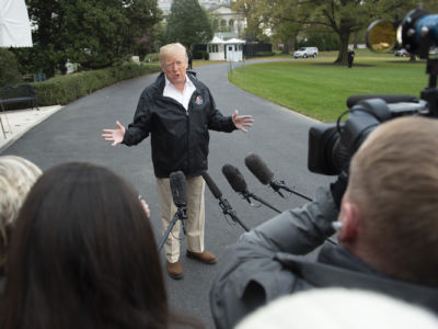 President Trump talks to the press as he leaves the White House in Washington, DC, on November 17, 2018.