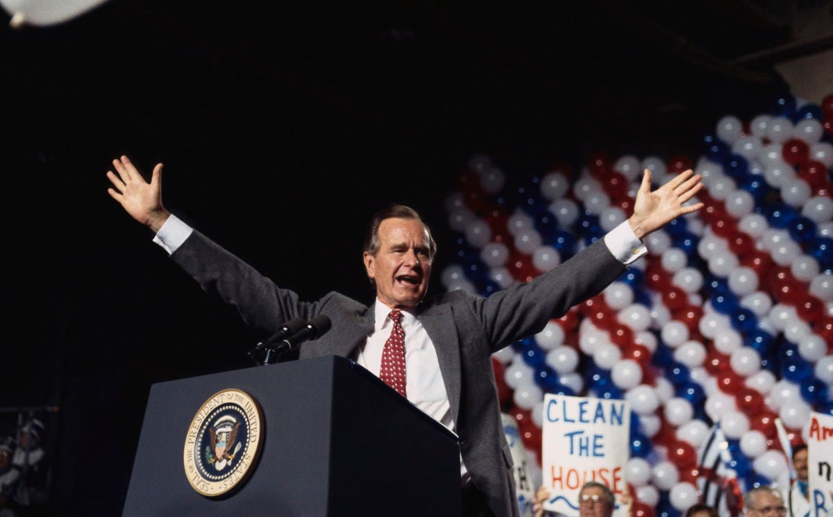 President George H.W. Bush speaks during his unsuccessful bid for re-election for the presidency, October 29, 1992.