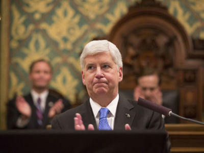 Michigan Gov. Rick Snyder delivers his State of the State address in the House of Representatives on January 23, 2018, at the State Capitol in Lansing, Michigan.