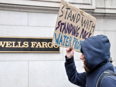 #NoDAPL Protest on February 3, 2018, at Wells Fargo Bank, which invested over $400 million in the Dakota Access Pipeline.