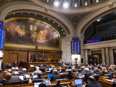 Wisconsin Rep. Gordon Hintz addresses the State Assembly during a contentious legislative session on December 4, 2018, in Madison, Wisconsin. Wisconsin Republicans are trying to pass a series of proposals that will weaken the authority of Governor-Elect Tony Evers and incoming Democratic Attorney General Josh Kaul.