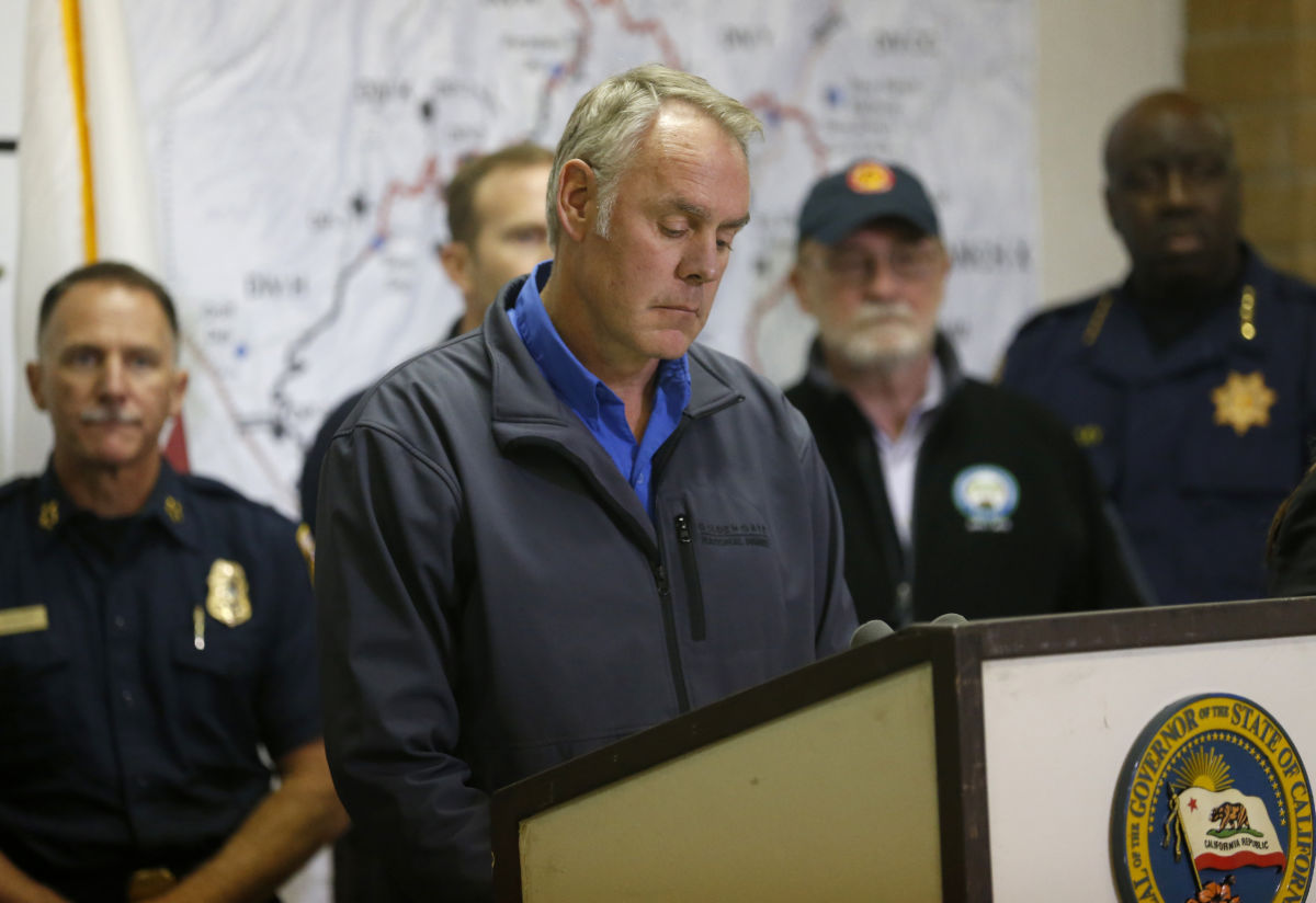 Secretary of the Interior Ryan Zinke pauses during a Camp Fire press conference at the Cal Fire Incident Command Center at the Silver Dollar Fairgrounds in Chico, CA, on Wednesday, Nov. 13, 2018.