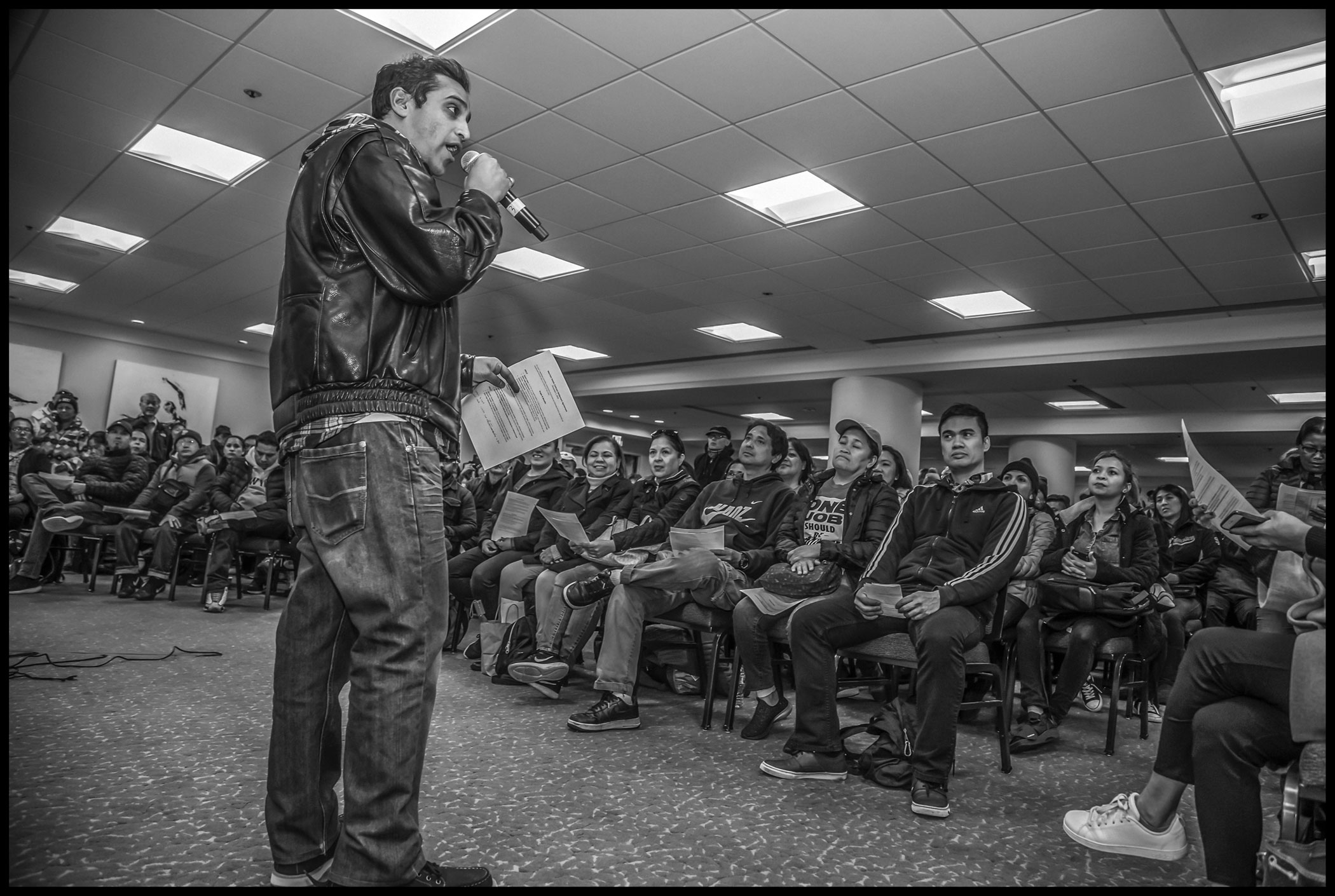 UNITE HERE Local 2 President Anand Singh explains to strikers in detail the contract settlement agreed to with the Marriott Corporation, ending the strike at its seven San Francisco hotels.