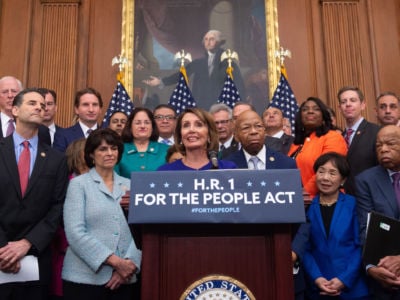 Speaker of the House Nancy Pelosi speaks alongside Democratic members of the House about H.R.1, the 'For the People Act,' at the US Capitol in Washington, DC, January 4, 2019.