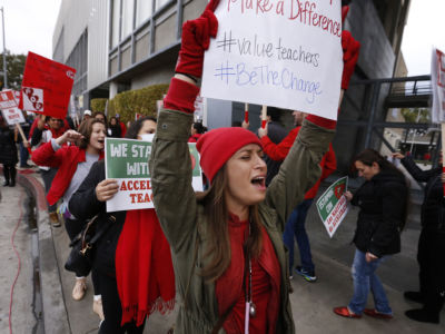 Teachers picket on the second day of the Los Angeles school teachers strike on January 15, 2019, in Los Angeles, California.