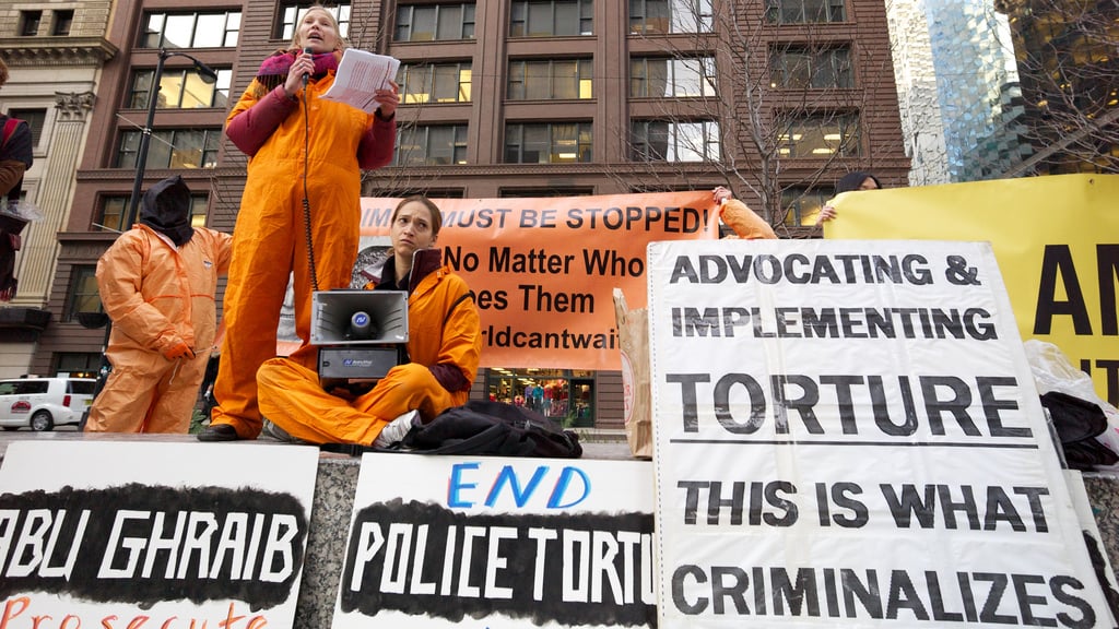 Demonstrators gather in Chicago, Illinois, on January 11, 2012, to protest the treatment of prisoners at Guantánamo Bay