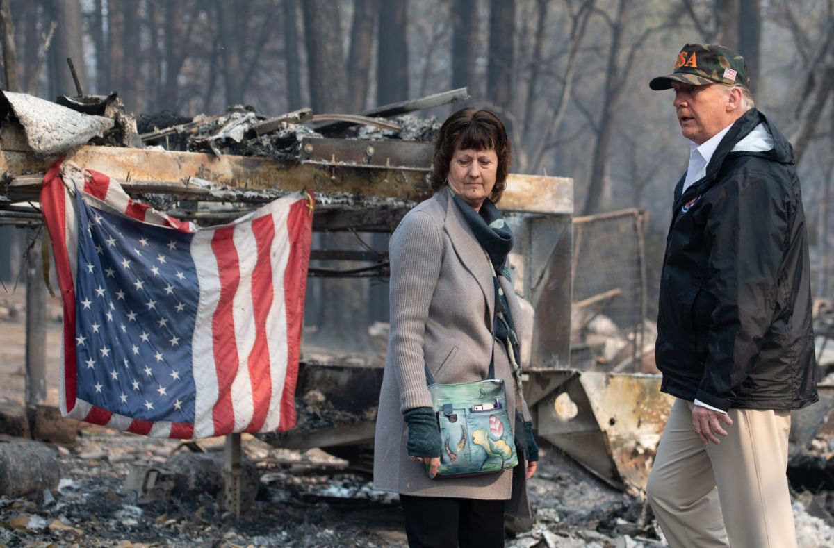 President Trump and Paradise Mayor Jody Jones view damage from the Camp Fire in Paradise, California, on November 17, 2018.