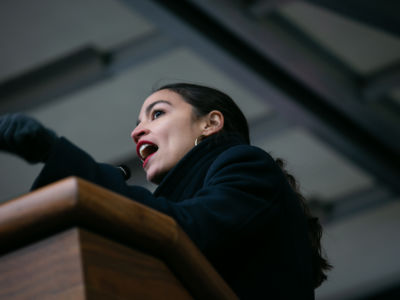 Rep. Alexandria Ocasio-Cortez speaks during the third annual Women's March near Columbus Circle in New York, on Saturday, January 19, 2019.