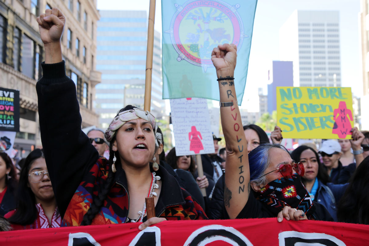 Activists march for missing and murdered Indigenous women at the Women's March California 2019 on January 19, 2019 in Los Angeles, California.