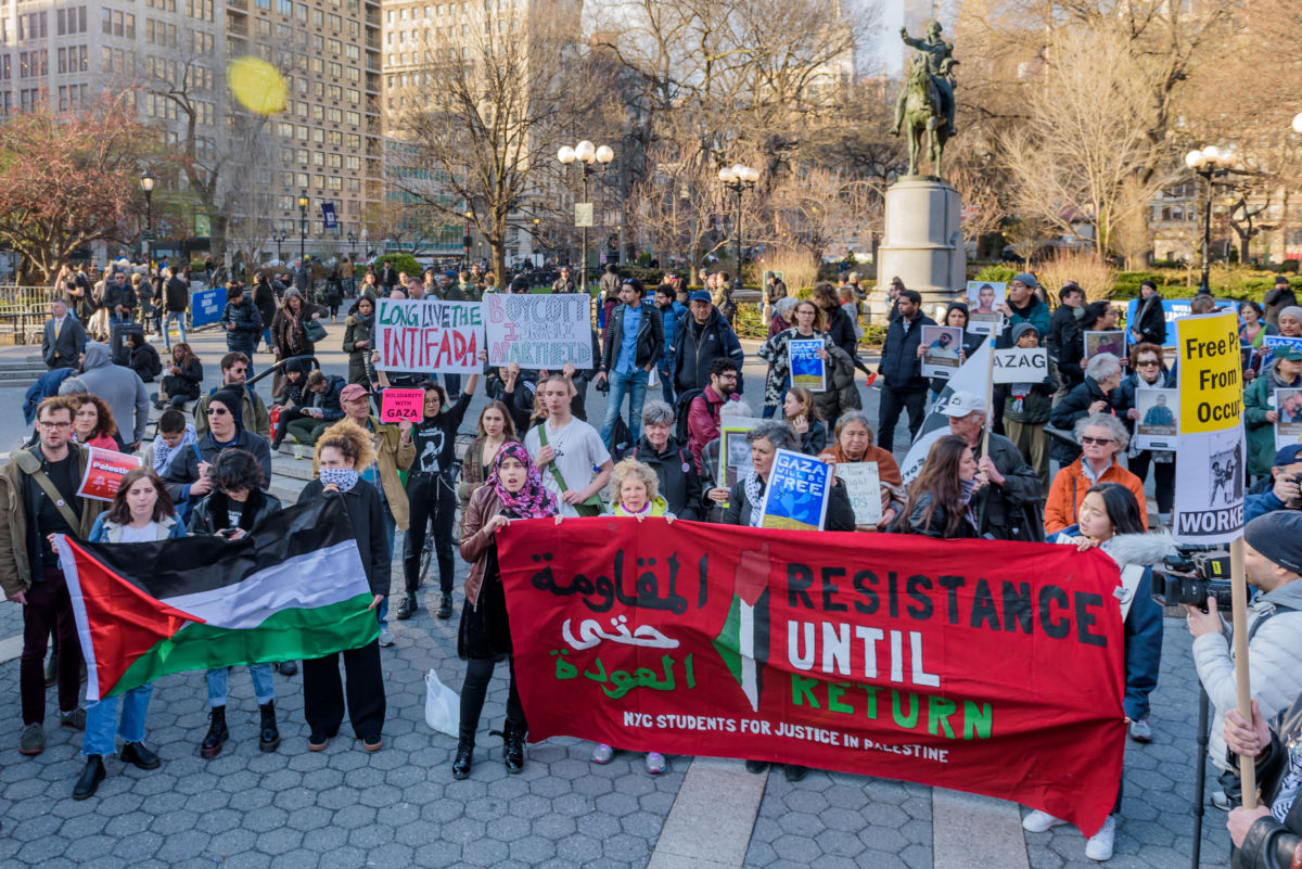 Hundreds of New Yorkers gathered in Union Square on April 6, 2018, to show solidarity with the tens of thousands of Palestinians in the besieged Gaza Strip. An unconstitutional bill, called the Israel Anti-Boycott Act, is being considered by Congress and would criminalize such organizing and calls for boycotts.