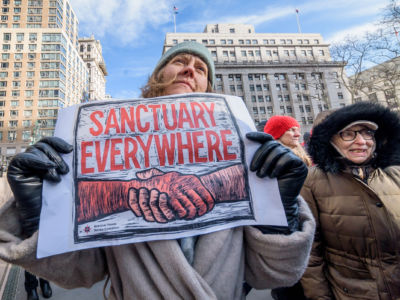 The New Sanctuary Coalition called for a mobilization of community members and allies to gather for a prayer walk around the Jacob K. Javits Federal Building at 26 Federal Plaza in opposition to Immigration and Customs Enforcement's detaining of refugees on January 28, 2019, in New York City.