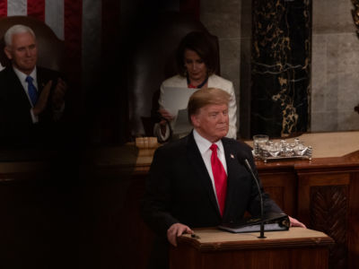 President Trump delivers his second State of the Union address as Vice President Mike Pence stands with applause at US Capitol in Washington, DC, on Tuesday, February 5, 2019.